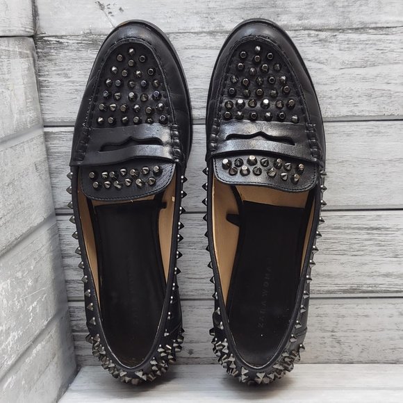 ZARA Shoes - Zara Woman Size 8 US/39 EU Punk Spike & Stud Metal Black Leather Loafers